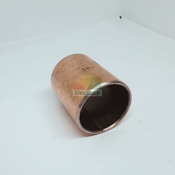 Copper or bronze cylindrical bushing, plain bearing sleeve with the number '30' stamped on the side, isolated on a white background.
