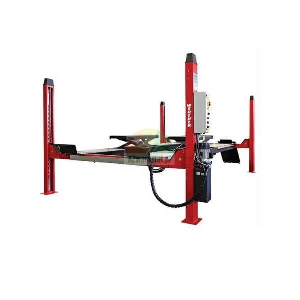 Red four-post Werther car lift for automotive repair shops or vehicle service.