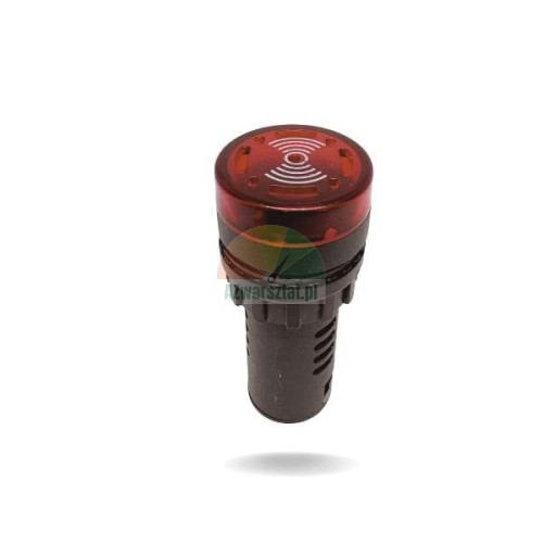 Red panel mount audible indicator or buzzer featuring sound wave symbols.