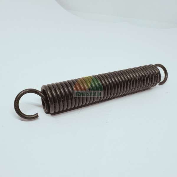 Dark extension spring (tension spring) with hooks on both ends, lying on a light background.