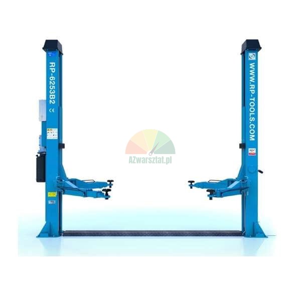 Blue two-post car lift (RP-6253B2) for automotive garages, hydraulic model.