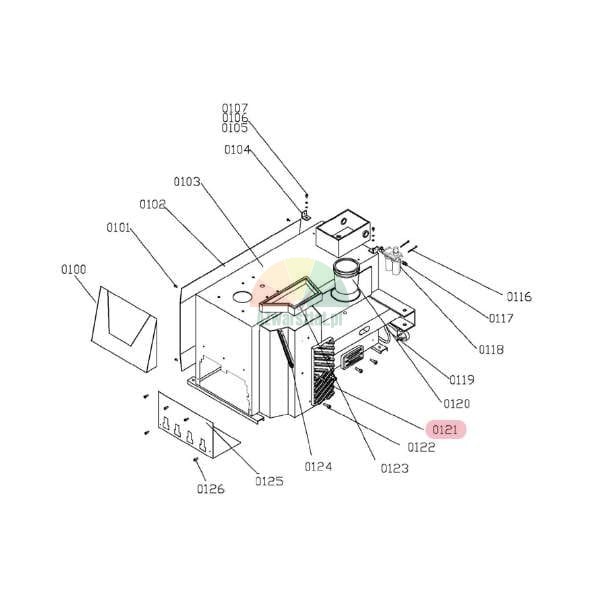 Exploded view diagram of boiler/heating unit components, showing part numbers from 0100 to 0126.