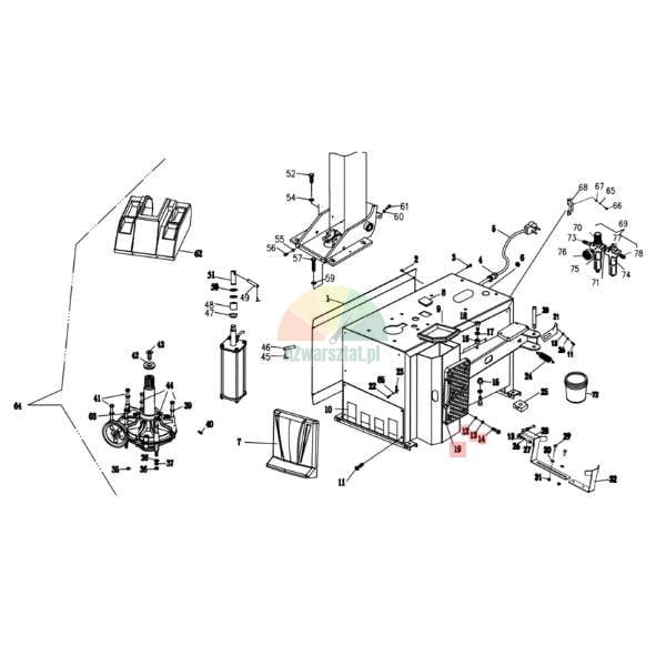 Exploded view diagram showing the components of a machine assembly, possibly a floor scrubber or lifting mechanism, with numbered parts.