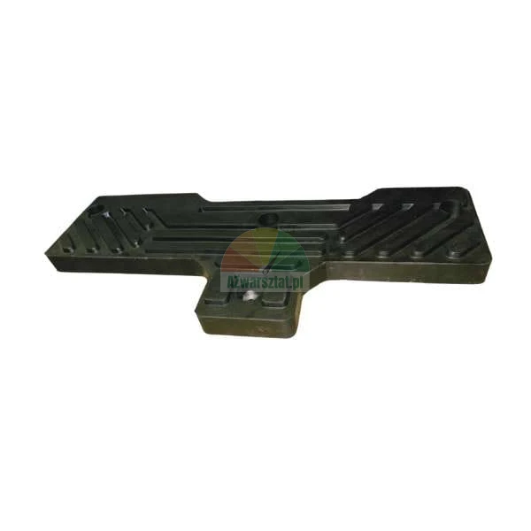 Black, durable plastic or rubber component with an irregular, rectangular shape, featuring anti-slip grooves and mounting holes, likely a footrest or step pad.