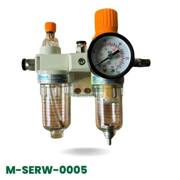 Complete compressed air service unit (filter-regulator) Type F, featuring a pressure gauge and transparent bowls, white and orange