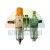 Compressed air filter and pressure regulator unit (FRL combination) with transparent bowls and orange adjustment knobs.