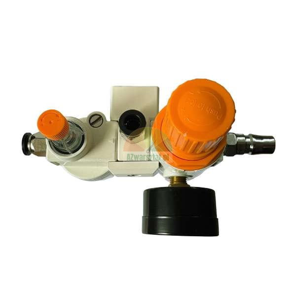 Air pressure regulator and filter unit for pneumatic systems, featuring orange adjustment knobs and a gauge base on a white background.