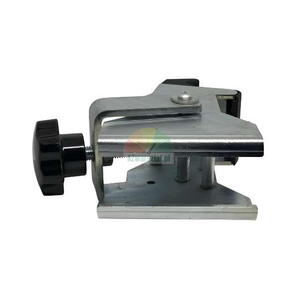 Metal clamping jig, angle guide, or sharpening holder tool with a large black adjustment knob on a white background.
