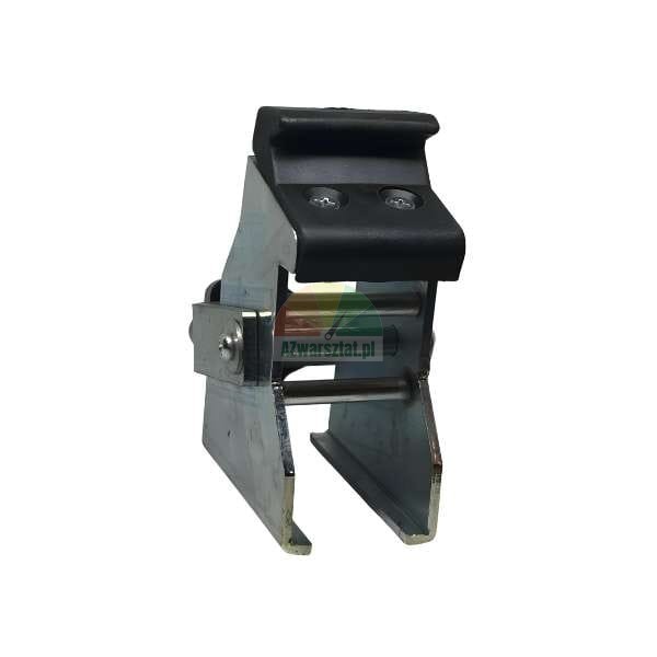 Metal clamping device or quick-release buckle mechanism with a black rubber/plastic grip, photographed against a white background.