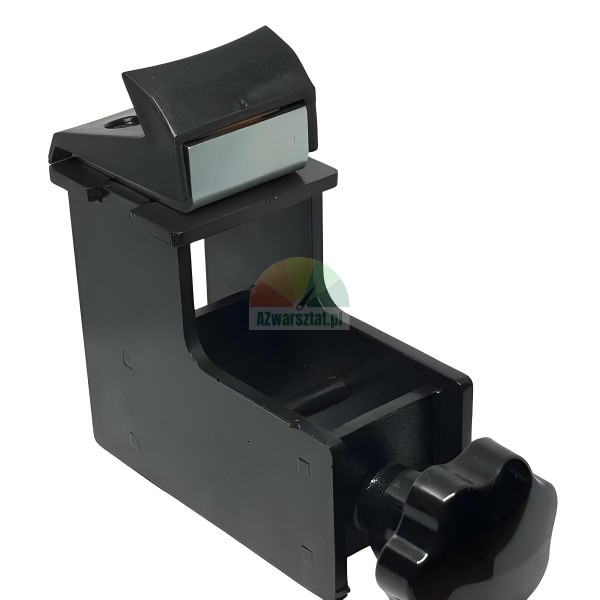 Black mounting bracket or clamp with a star-shaped adjustment knob and a gripping element on top, isolated on a white background.