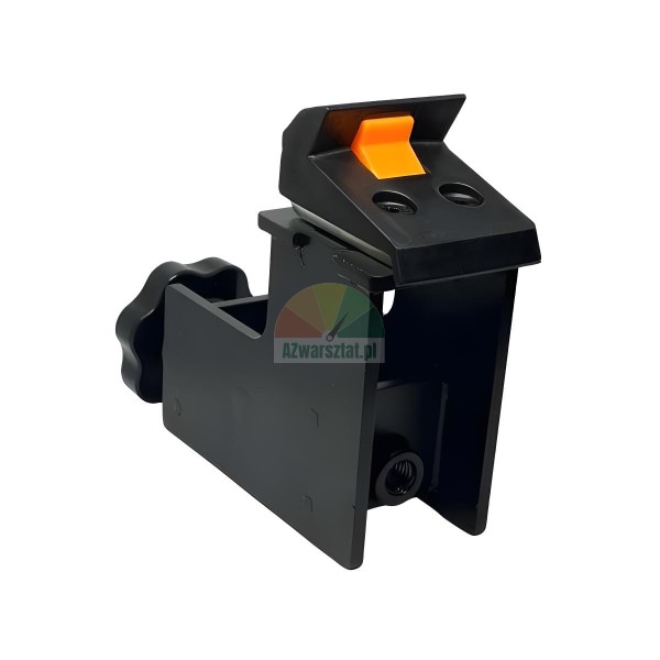 Black plastic mounting bracket/clamp with an orange quick-release button and adjustment knob, ideal for stands and monitors.