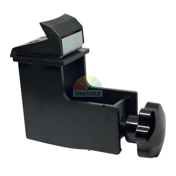 Black mounting bracket or clamp accessory with an adjusting knob and a metallic insert on top.