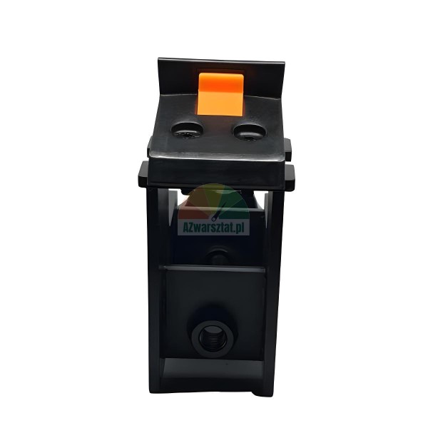 Black plastic adapter/housing with orange release tab, two oval openings, and a threaded outlet.
