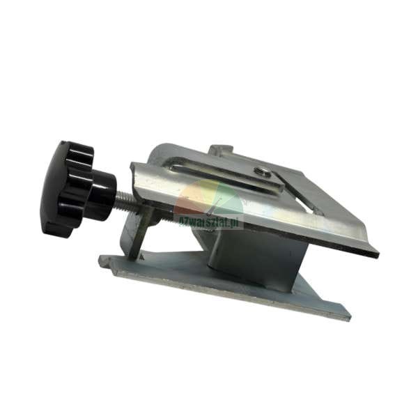 Galvanized metal clamping fixture or mounting bracket with a black star knob for manual tightening.