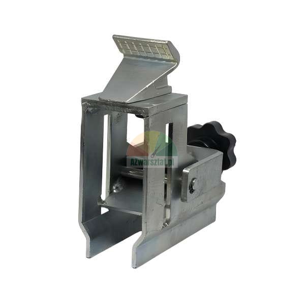 Adjustable metal clamp or jig attachment with a serrated gripping surface and black star knob.