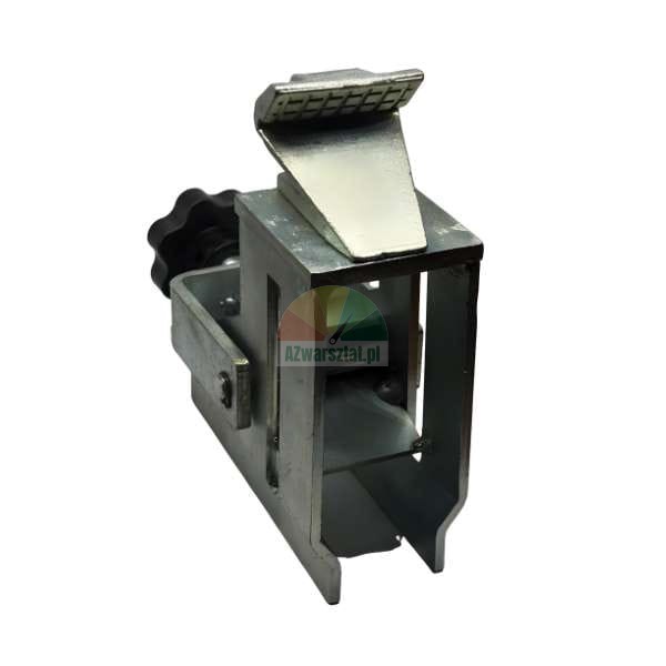 Metal clamping bracket/fixture with an adjustable star knob and serrated jaw, isolated on a white background.