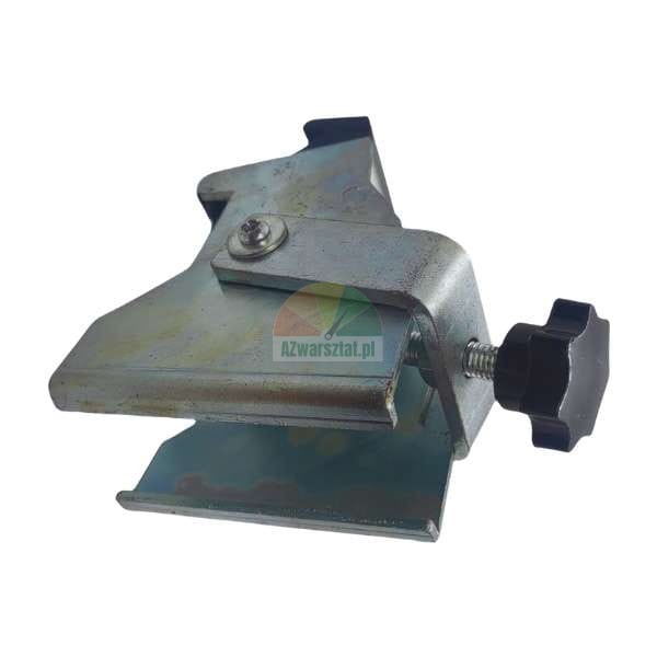 Adjustable galvanized mounting clamp with a black star knob, isolated on a white background.