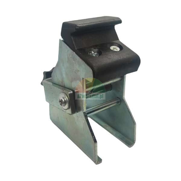 Galvanized metal latch or fastener with black polymer catch, securing mechanism for trailers or cargo.
