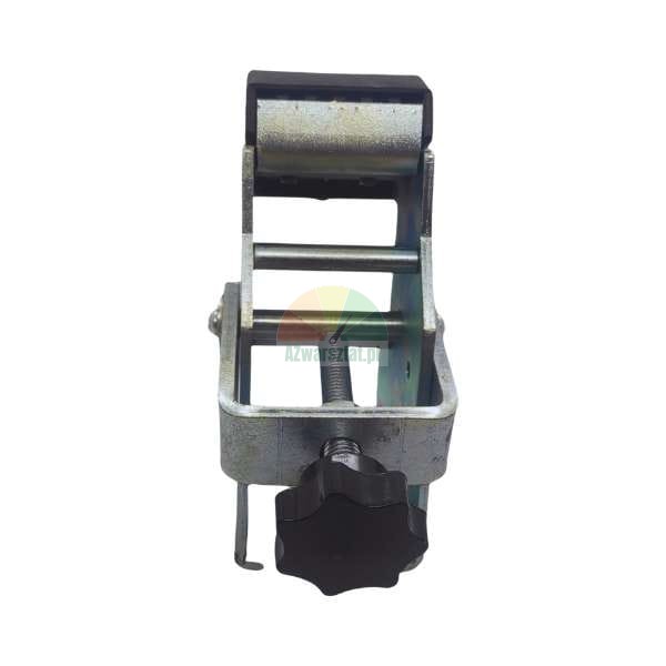 Galvanized metal clamp, tensioner, or bracket with a roller, featuring a central screw and a black star-shaped knob for fastening or tightening.
