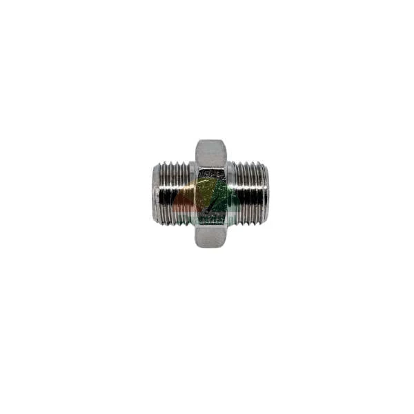 Chrome-plated hex nipple adapter with male threads on both sides, plumbing fitting