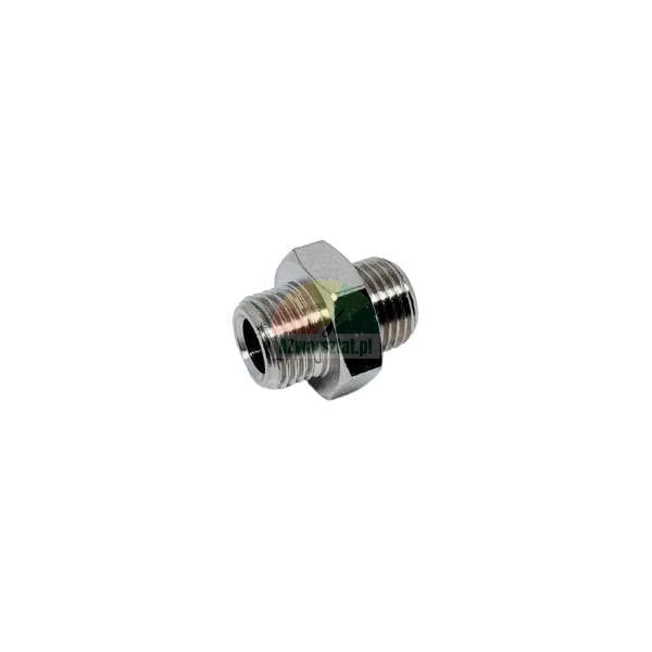 Chrome or nickel-plated double male threaded nipple adapter for hydraulic or pneumatic connections.