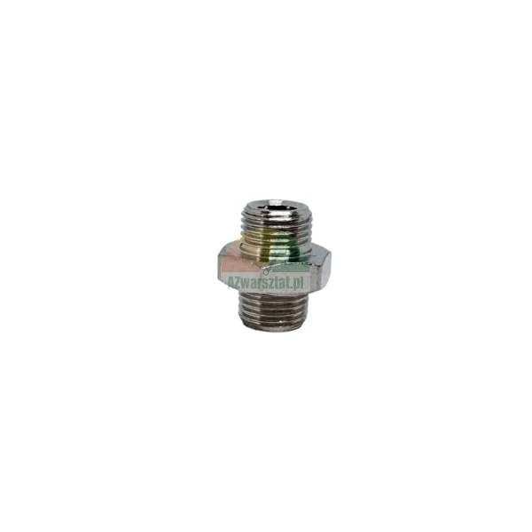Chrome-plated metal double nipple adapter with male threads on both ends, suitable for pneumatic or hydraulic connections.