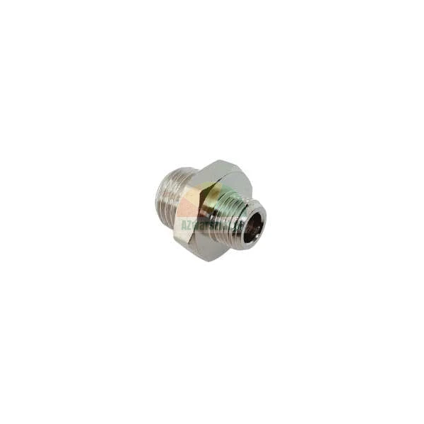 Metal threaded adapter fitting (reducer), double male nipple with hexagonal center.