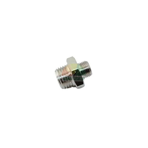 Chrome plated metal threaded adapter (nipple) with male-male threads, isolated on a white background.
