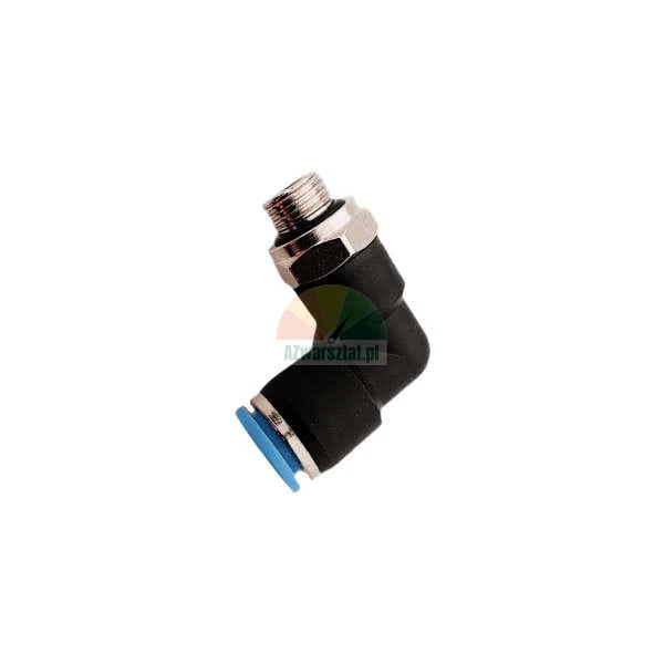 90-degree pneumatic push-to-connect elbow fitting, black, with a threaded metal connector and a blue locking ring.
