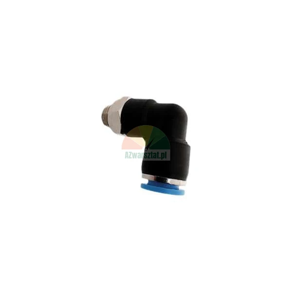 Pneumatic elbow quick connector (90-degree push-to-connect fitting) with male thread, black with a blue release collar.