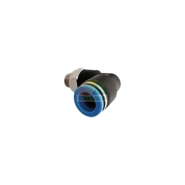 Pneumatic push-in elbow fitting with male thread, black and blue quick connector for air hose.