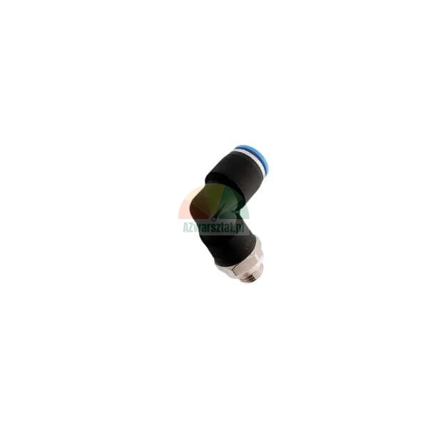 Pneumatic elbow push-to-connect fitting, black with blue release collar and metal thread.