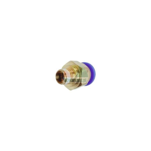 Brass pneumatic push-in fitting (quick connector) with a male thread and a blue release button, against a white background.