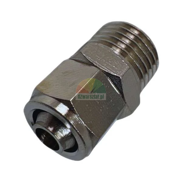 Straight push-in pneumatic fitting with male thread, metallic quick connector for tubing.