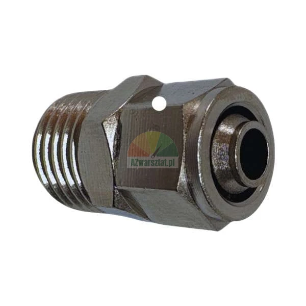 Straight metallic pneumatic male stud coupling with external thread and push-to-connect fitting, isolated view on white background.