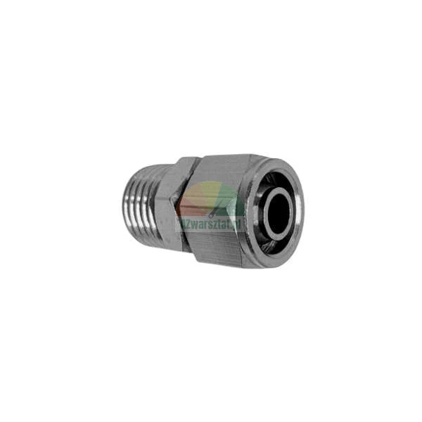 Straight metallic compression fitting with male thread, tube adapter for pneumatic or hydraulic systems.
