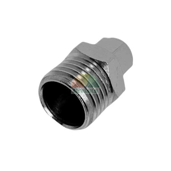 Chrome metal adapter with external thread and hexagonal wrench section for pneumatic or hydraulic systems.