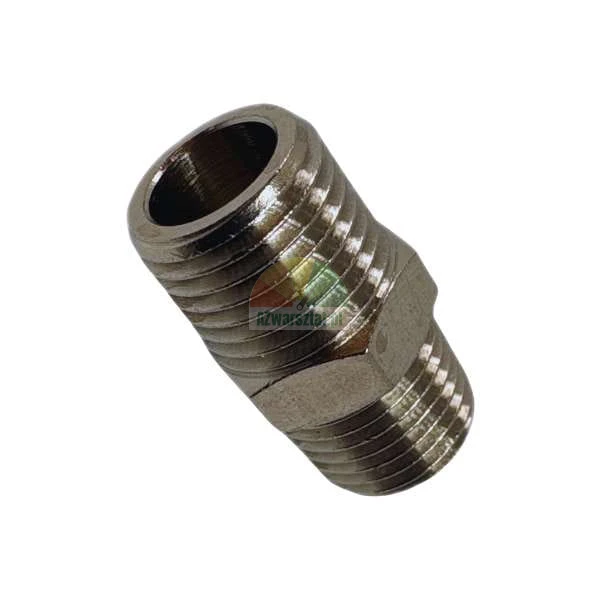 Threaded male-to-male pipe nipple, metal fitting for plumbing.