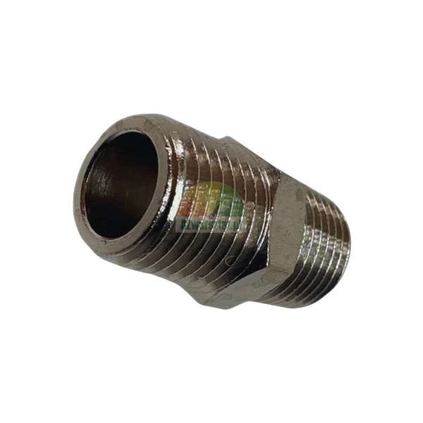 Nickel or chrome plated hydraulic nipple/coupling/connector with external thread on both ends, used for connecting pipes.