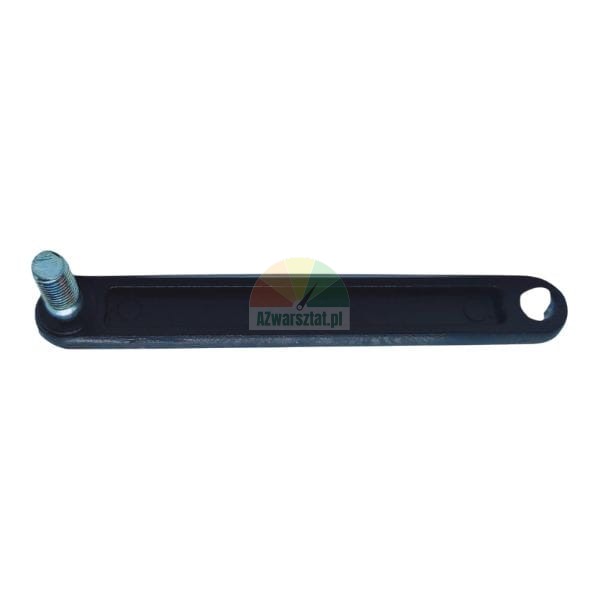 Dark flat lever or linkage rod with a threaded metal stud at one end and an eyelet/hole at the other.