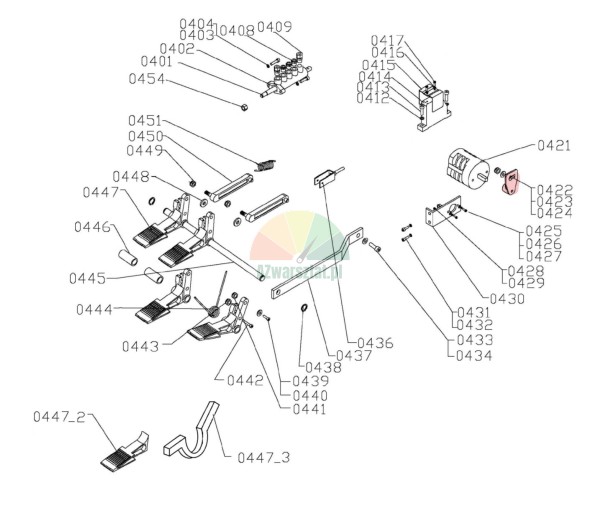 Exploded view diagram of the pedal assembly and linkage system, including footrests, levers, screws, and control valve components, numbered 0401 through 0454.