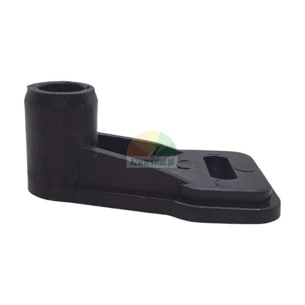 Black L-shaped plastic guide component with a cylindrical socket and a rectangular mounting hole on a flat base.