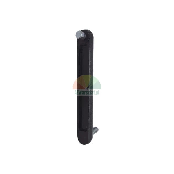 Black elongated handle, pull, or lever arm with metal mounting pins on both ends, isolated on a white background.
