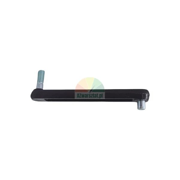 Black lever arm component featuring a threaded stud on one end and a smooth pin on the other isolated on white background