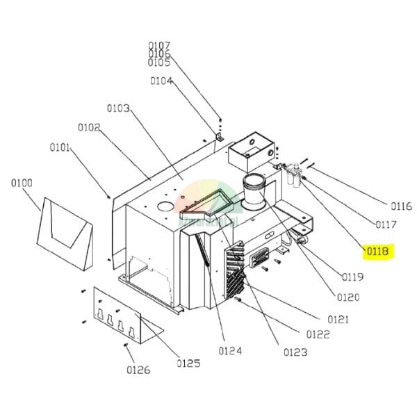 Exploded technical diagram of a boiler unit assembly showing internal components (casing, heat exchanger) and part numbers 0100 to 0126. Item 0118 is highlighted.
