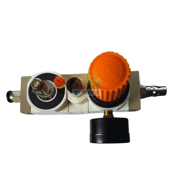 Pneumatic air pressure regulator module or compressed air preparation unit segment with a large orange adjustment knob.