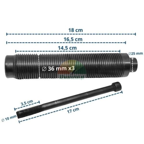 Balancer shaft 36mm/18cm with protective sleeve and bolt.