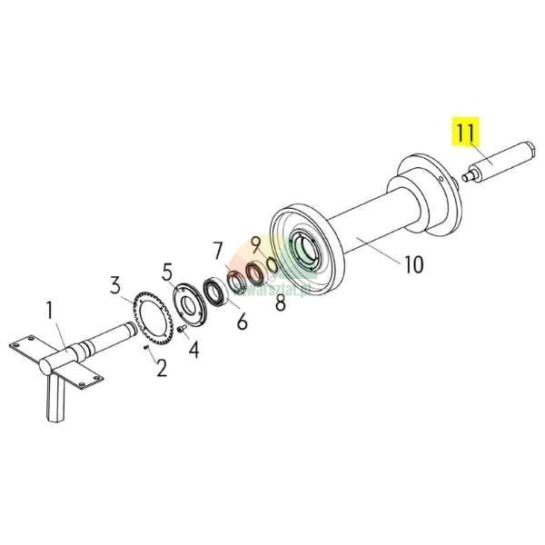 Exploded view diagram of a shaft or winding mechanism, showing bearings, gears, and other structural components, marked 1 to 11.
