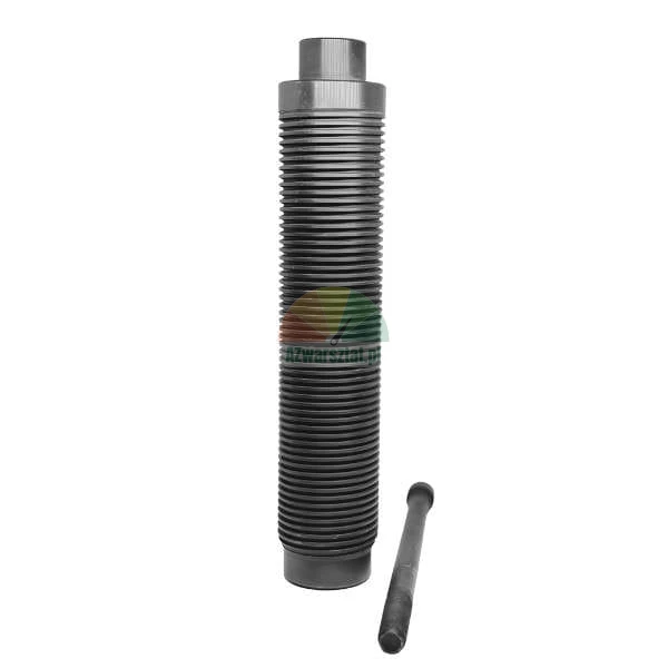 Long black ribbed protective bellows sleeve and a thin metal rod next to it on a white background