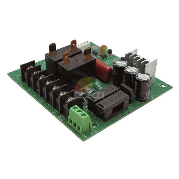 Green Printed Circuit Board (PCB) featuring power components: relays, electrolytic capacitors, a screw terminal block, and a heatsink, designed for control applications.